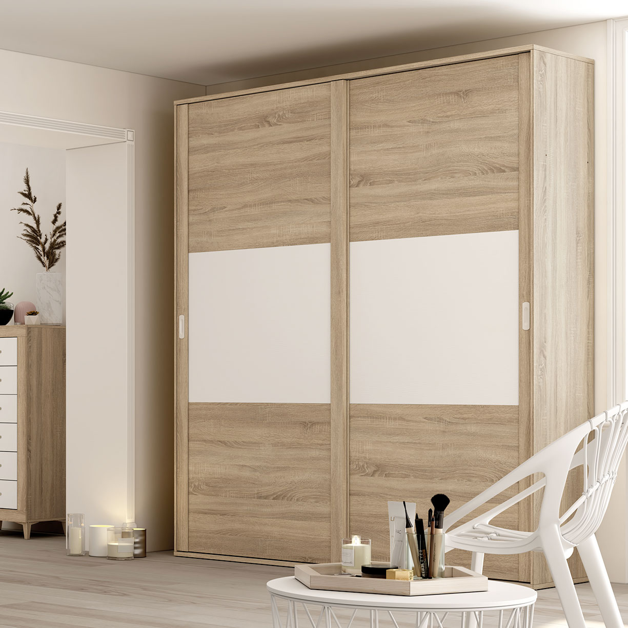 Armario de puertas correderas ropero blanco y madera 200cm